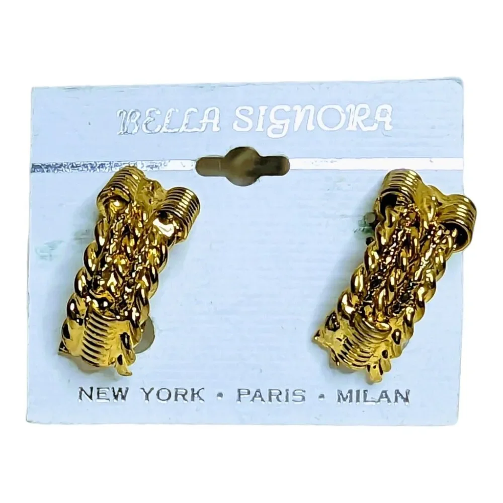 Vintage Bella Signora Yellow Gold Tone Metal Clip On Earrings Women's Jewelry‎